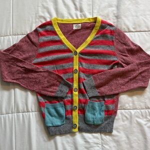 Boden Kid’s Striped Red and Gray Knit Top with Yellow Trim
